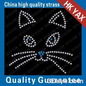 A cat image composed of a beard, eyes, and ears design motifs of rhine stone hot fix