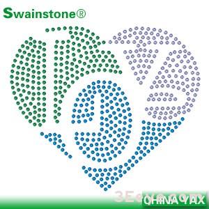 China factory LOVE text and heart motifs design,rhinestone lead free,sliver and green and blue Octagon